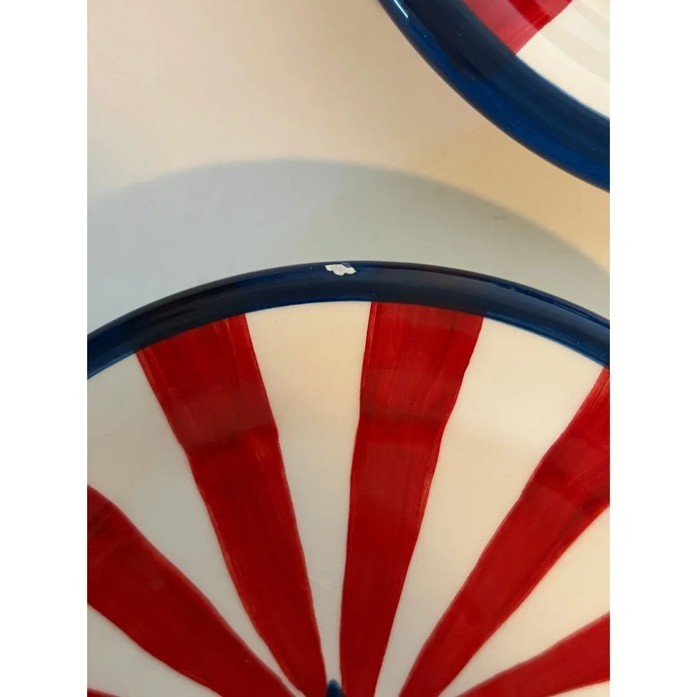 Set of 4 Patriotic Painted Dessert Plates Stars Stripes Nantucket Ceramic Rustic